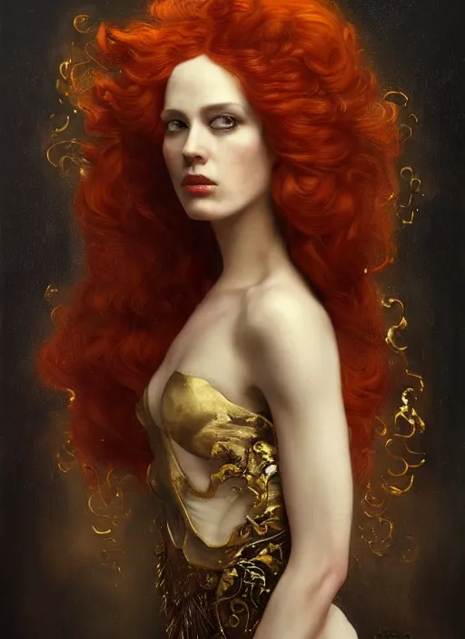 Image similar to highly detailed oil painting | very intricate | cinematic lighting | black, white and gold color scheme, dark background | the redhead princess of fire dressed by alexander mcqueen | by roberto ferri, by tom bagshaw, by singer sargent and klimt, american romanticism, occult art | by austin osman spare, artstation, cgsociety, official art, octane