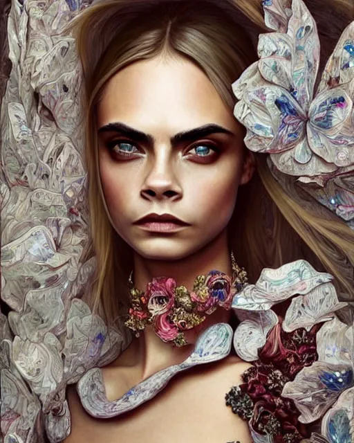 Prompt: cara delevingne wearing epic haute couture by Alexander McQueen, extremely beautiful face, masterpiece, intricate, elegant, highly detailed, digital painting, artstation, concept art, smooth, sharp focus, illustration, art by artgerm and james jean and greg rutkowski and alphonse mucha