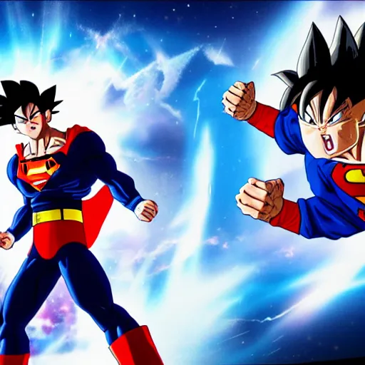 Prompt: goku fighting with superman on space as background, on an very epic cinematic, octane render, very high detail
