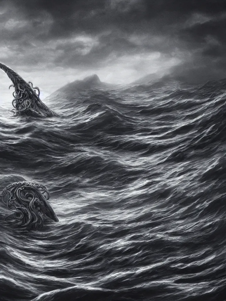 Prompt: minimalist digital art of a kraken attacking a ship on the surface of the ocean, detailed, dark, ominous