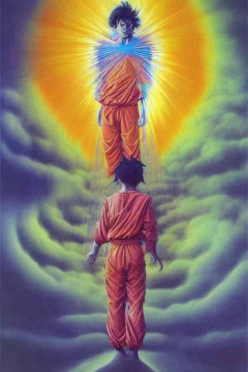 Image similar to portrait of son goku colourful shiny beautiful harmony painting by zdzisław beksinski