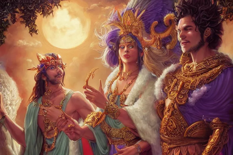 Image similar to close up moment of a divine a sun god and a moon goddess lovers magician at a wedding banquet, highly detailed, d & d, fantasy, highly detailed, digital painting, trending on artstation, concept art, sharp focus, illustration, art by artgerm and greg rutkowski and magali villeneuve