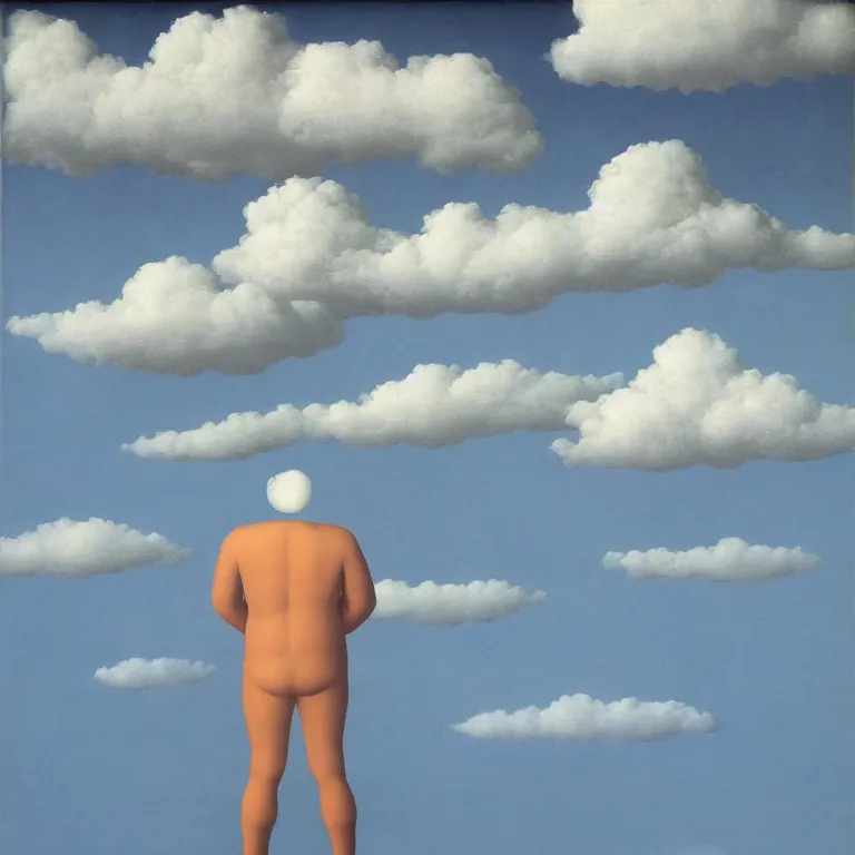 Image similar to cloud - man, by rene magritte, centered, detailed painting, hd, hq, high resolution, high detail, 4 k, 8 k