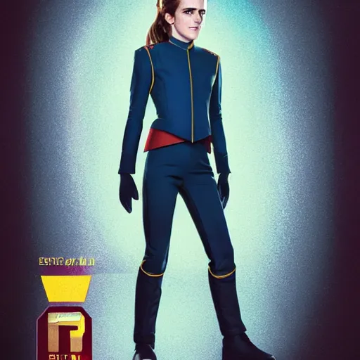 Image similar to a full body portrait of emma watson as a star fleet officer from star trek next generation, ultra rendered extreme realism and detail, 8 k, highly detailed, realistic, completely framed, hyper realistic, colorful, direct lighting, 3 5 mm photo, photorealistic, sharp focus