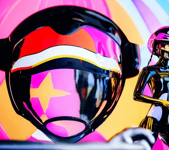 Image similar to portrait of a glossy black marble statue of an anime girl with colorful motocross logos and motorcycle helmet with reflective mirrored visor, colorful billboards in the background, carved marble statue, fine art, in the style of virgil abloh, in the style of takashi murakami,