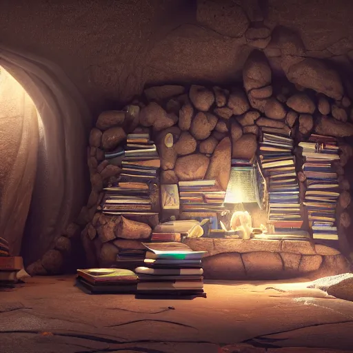 Image similar to books cave, 3 d render, incredible details, highly detailed, photorealistic, disney pixar, smooth, octane render, iridescent, 8 k