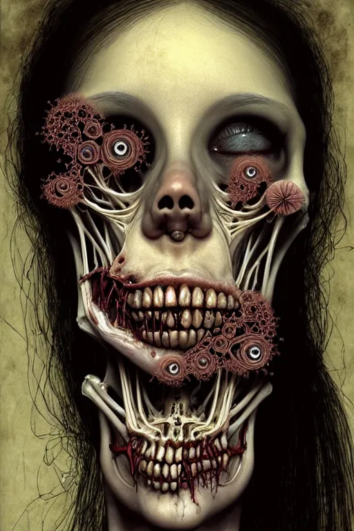 Image similar to very sad and detailed rotten woman corpse with fractal ornate growing around her face muscles, veins, arteries, bones, anatomical, skull, eye, ears, intricate, surreal, ray caesar, john constable, guy denning, dan hillier