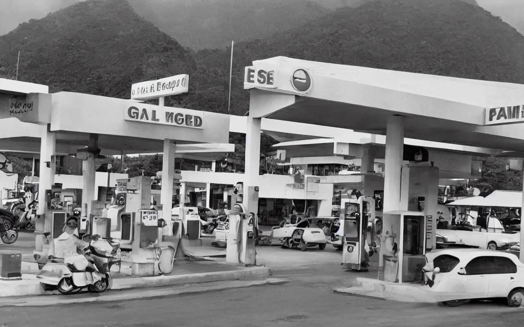 Image similar to ed ruscha standard gas station but in sri lanka with people queueing in front with cars and mopeds.