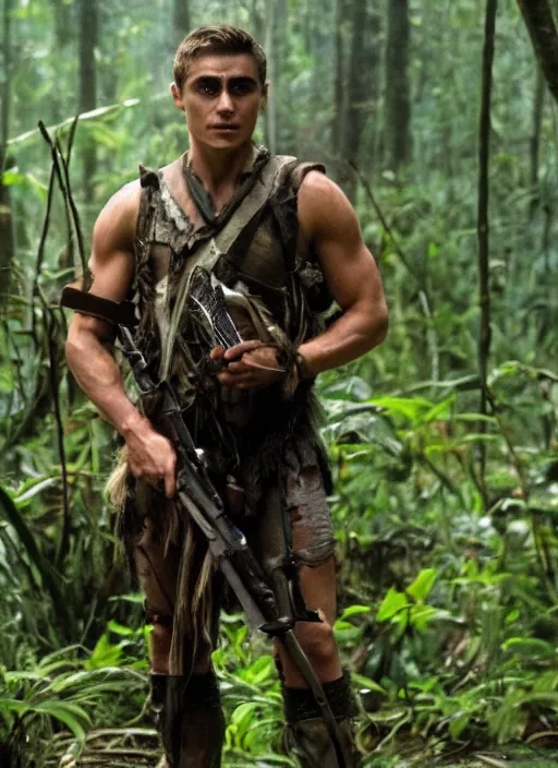 Prompt: film still of Dave Franco as Dutch in Predator, 4k