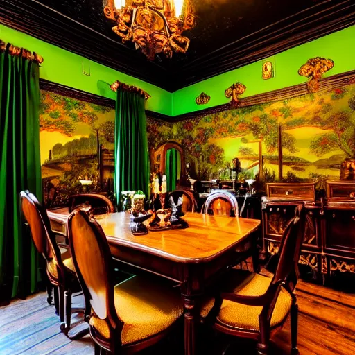 Image similar to beautiful 35mm footage landscape photography of a old antique Victorian Dining room, wood, green black gold brown colors, ornate wallpaper, stylistic furniture, window open to dark forest at night, wide-angle lens, detailed