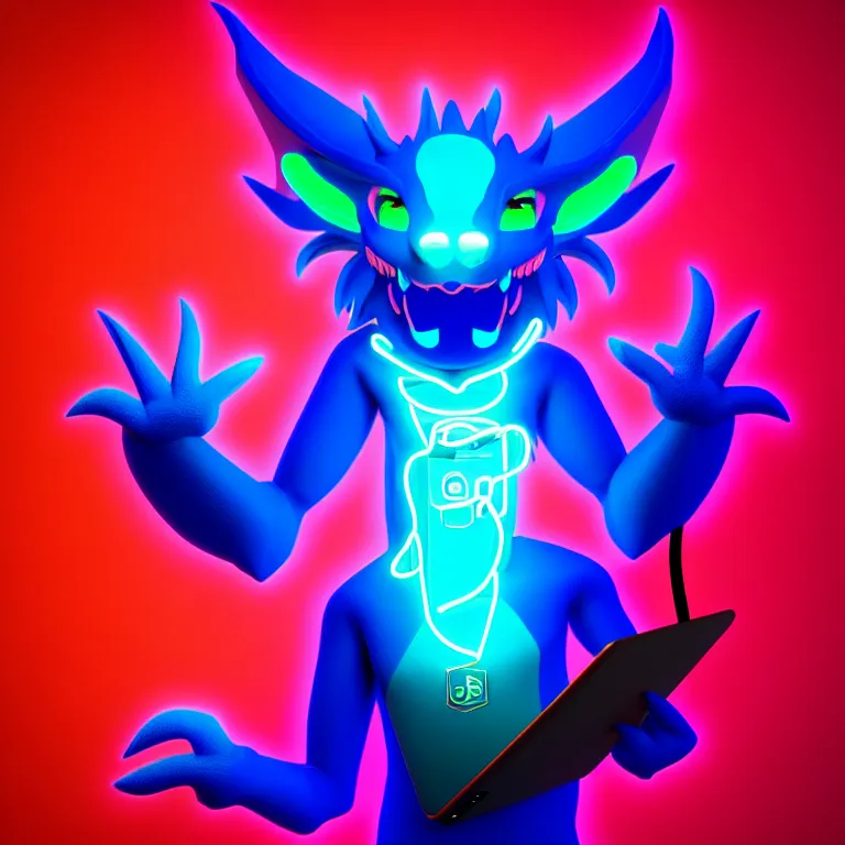 Prompt: an anthropomorphic male blue dragon fursona wearing an indigo t - shirt, headphones on his head, laptop, neon lights, furry, vivid saturation, 3 d render, octane render