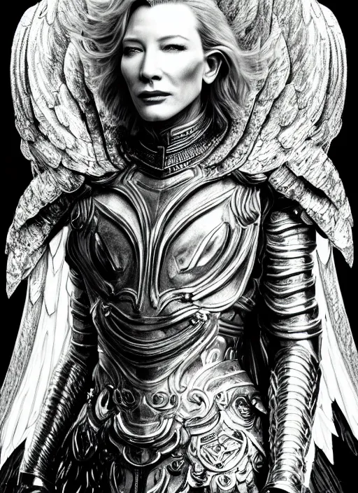 Prompt: pen and ink portrait of cate blanchett as archangel gabriel wearing battle armor looking for camera, glamorous majestic pose, fantastically fierce, highly detailed, black and white, desaturated colors, smooth, intricate line drawings, by craig mullins, wlop, ruan jia, kentaro miura, styled by john howe and allan lee, greg rutkowski, loundraw