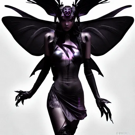 Prompt: a beautiful dark cyberpunk faerie with large wings in a dynamic pose, symmetrical face, art by Casimir, artgerm, melting, negative space, Photorealistic, dynamic lighting, cinematic