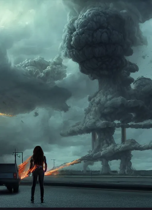 Image similar to eva longoria in the scene from terminator movie, nuclear mushroom cloud in the background, ultra detailed, cgsociety by leesha hannigan, ross tran, thierry doizon, kai carpenter, ignacio fernandez rios, noir art house,