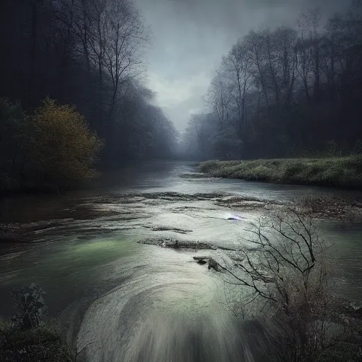 Prompt: painting of a beautiful river landscape by michal karcz., taken by a disposable camera | horror | nightmare