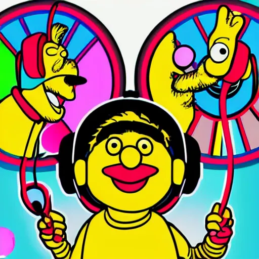 Image similar to svg sticker of a Pop-Wonder Bert&Ernie, Sesame-Street, at a rave, spinning records, giant headphones rocking out, wearing headphones, huge speakers, dancing, rave, DJ, spinning records, digital art, amazing composition, rule-of-thirds, award-winning, trending on artstation, featured on deviantart