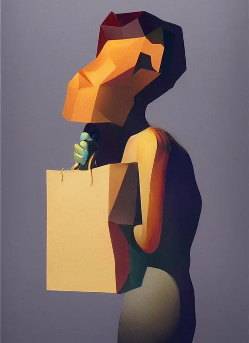 Image similar to isometric woman in a pixilated paper bag over the isometric head Edward Hopper and James Gilleard, Zdzislaw Beksinski, highly detailed