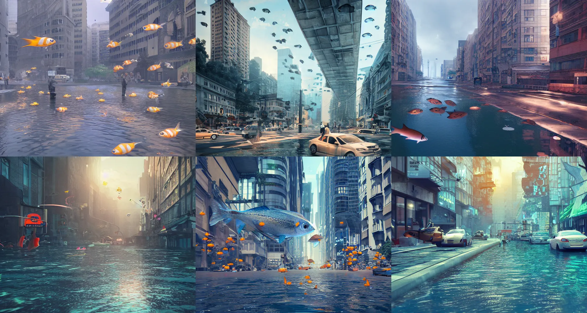 Prompt: fish swimming above the streets, pedestrians observing in bewilderment, octane render, digital art, artstation