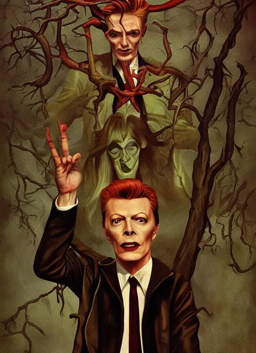 Image similar to twin peaks poster art, david bowie is infected with the spirit of the wendigo demon, old retro pulp, by michael whelan, rossetti bouguereau, artgerm, retro, nostalgic, old fashioned