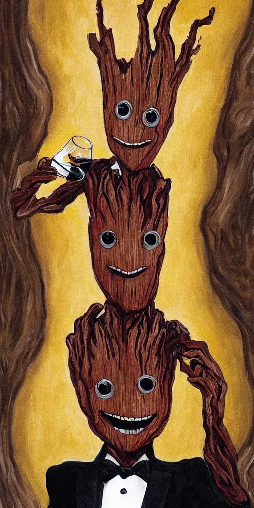 Prompt: portrait painting of the groot as a gentleman wearing tuxedo drinking wine, masterpiece, artwork