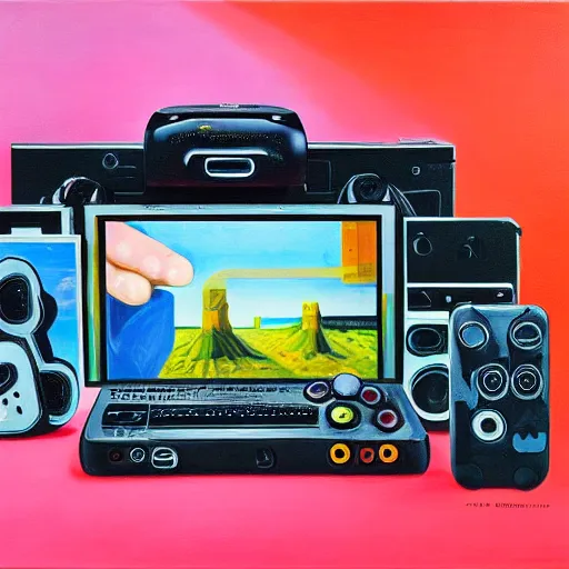 Image similar to a messy heap of electronic equipment including iPhones, vr headset, Nintendo Switch and PlayStation V, oil on canvas painted by Alberto Savinio, surrealism, bright pastel colors, photorealistic