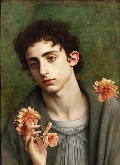 Prompt: (((( a painting of a Timothee Chalamet looking at a flower, a character portrait by Dürer, behance, pre-raphaelitism, da vinci, pre-raphaelite, detailed painting“