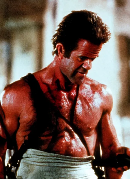 Prompt: film still of Mel Gibson as John McClane in Die Hard, 4k