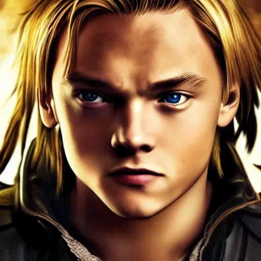 Prompt: photo portrait of young Leonardo Di Caprio as Edward Elric , full body, cinematic light, Full Metal Alchemist, movie, 4K