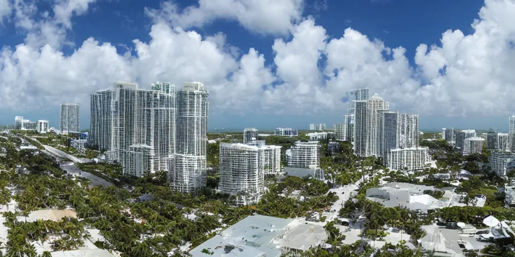 Prompt: wide - angle view of an alien invasion at the shores of miami beach.