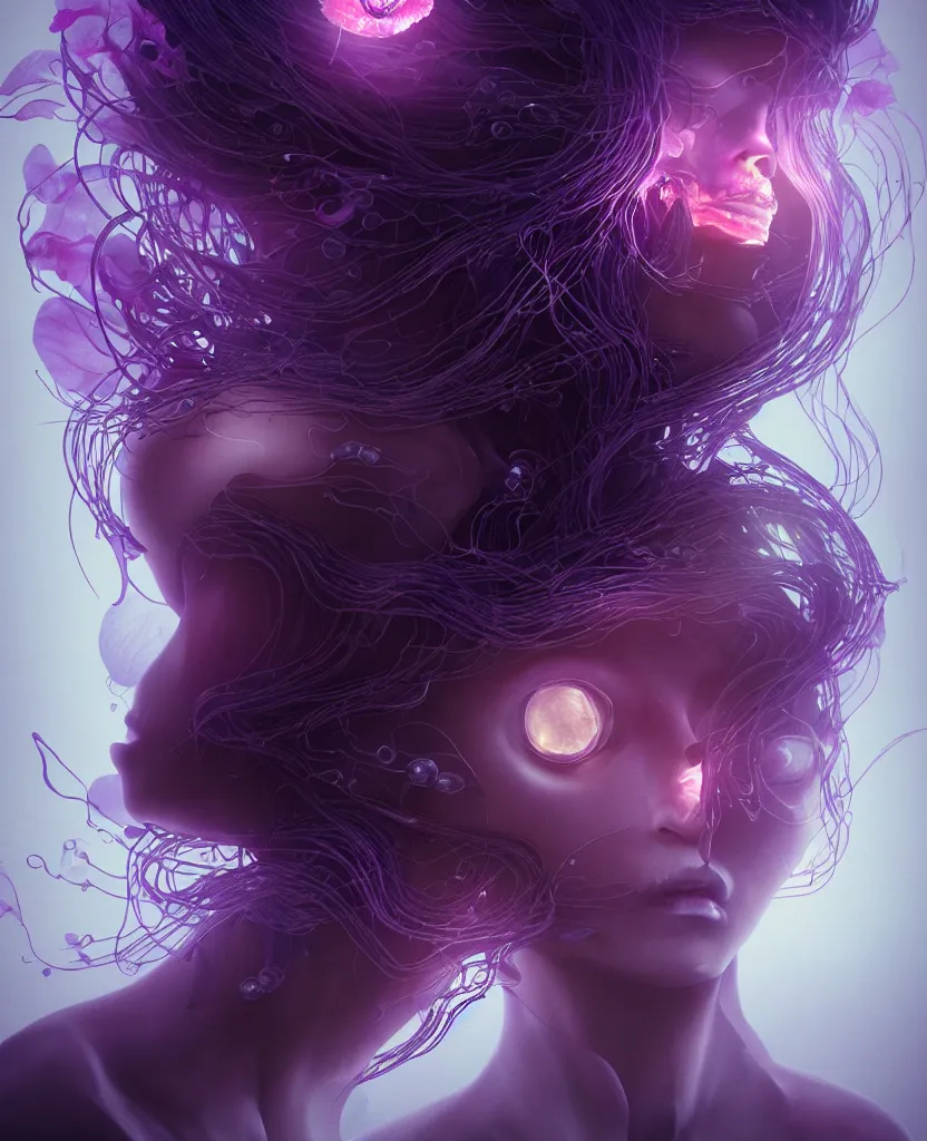 Image similar to beautiful female fused with orchid jellyfish, close-up portrait, dark, phoenix head, nautilus, skull, bioluminiscent, intricate artwork by Tooth Wu and wlop and beeple. octane render, trending on artstation, greg rutkowski, xsullo, very coherent symmetrical artwork. cinematic, hyper realism, high detail, octane render, 8k