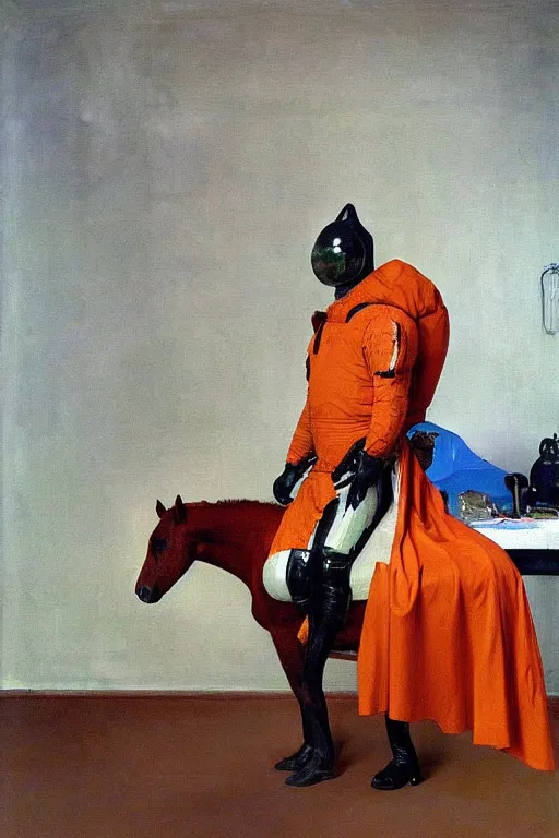 Prompt: a man dressed as a horse riding a horse dressed as an astronaut, hauntingly surreal, highly detailed painting by francis bacon, edward hopper, adrian ghenie, gerhard richter, and james jean soft light 4 k,