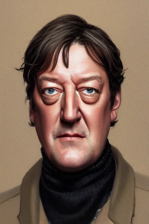 Prompt: a oil painting portrait of Stephen Fry wearing a turtleneck, highly detailed, digital painting, artstation, concept art, sharp focus, illustration, art by artgerm and greg rutkowski and alphonse mucha