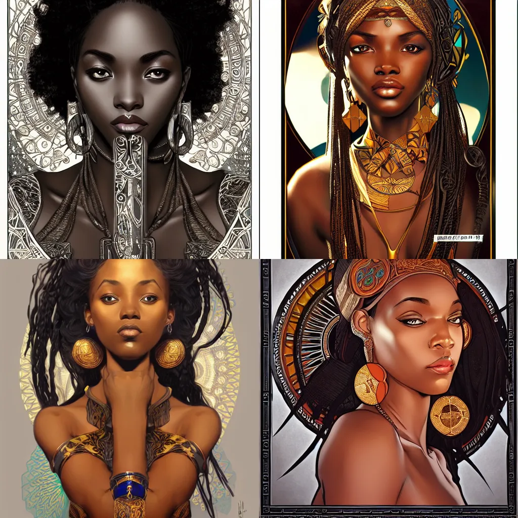 Prompt: black african princess, symmetric, intricate, highly detailed, concept art, sharp focus, illustration, alphonse mucha, rutkowski, artgerm