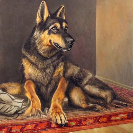 Image similar to a oil painting of a humanoid german shepherd beast - man, wearing military outfit, sitting on the carpeted floor beside a bed