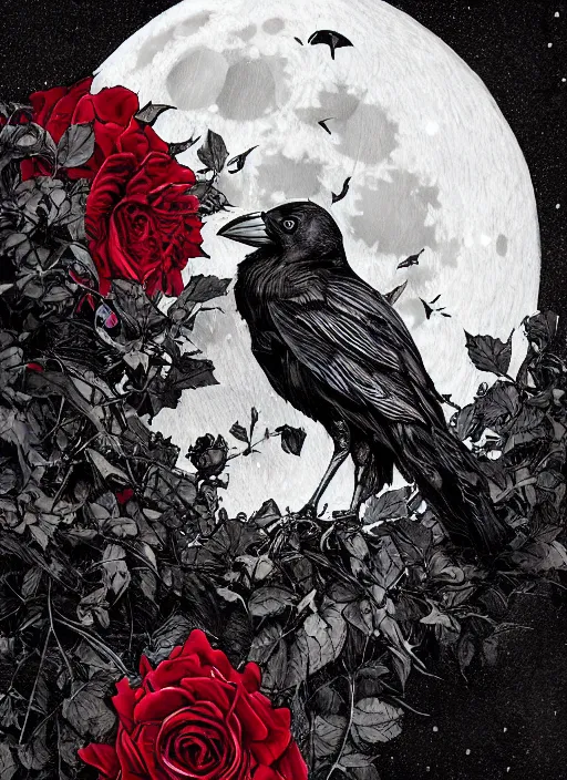 Image similar to portrait, A crow with red eyes in front of the full big moon, book cover, red roses, red white black colors, establishing shot, extremly high detail, foto realistic, cinematic lighting, pen and ink, intricate line drawings, by Yoshitaka Amano, Ruan Jia, Kentaro Miura, Artgerm, post processed, concept art, artstation, matte painting, style by eddie mendoza, raphael lacoste, alex ross