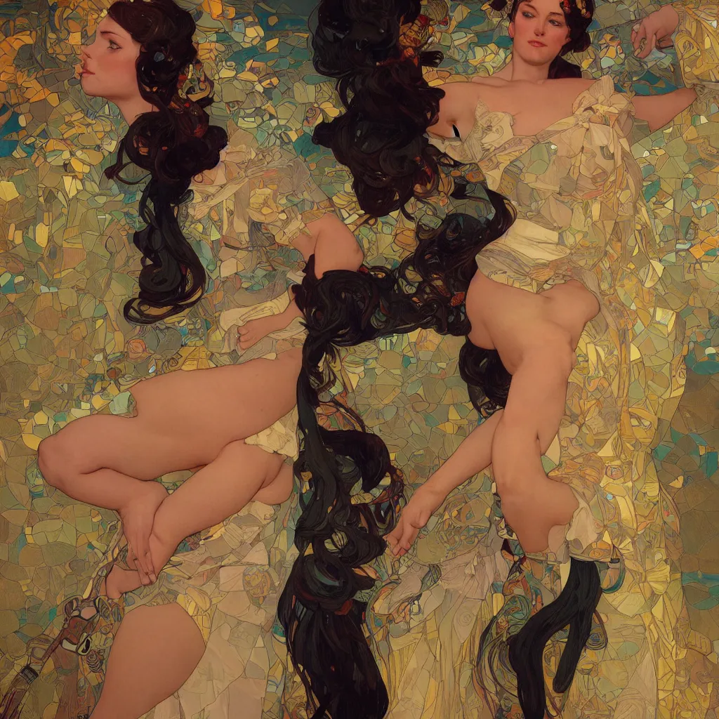 Image similar to modern woman | hyperrealistic | action pose | digital painting | trending on artstation | pinup portrait | clean | illustration | dressed | Unreal Engine 5 | 8k resolution | by Greg Rutkowski Alphonse Mucha Gustav Klimt and Mel Ramos