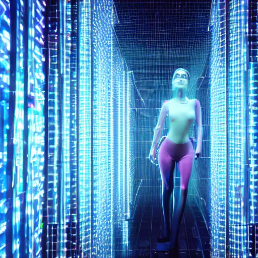 Image similar to chromatic cyborg female discovering her own consciousness in a mirror maze (Unreal Engine, 3D, Reflections, Glossy, Hyer-Realistic, Futuristic, Noise, Gradient)