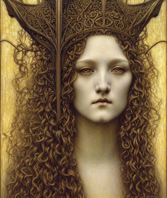 Image similar to detailed realistic beautiful young medieval queen face portrait by jean delville, gustave dore and marco mazzoni, art nouveau, symbolist, visionary, gothic, pre - raphaelite. horizontal symmetry