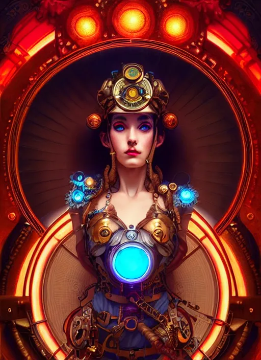 Prompt: the goddess athena smirking, steampunk, glowing eyes, volumetric lights, red and cyan theme, art nouveau botanicals, intricate, highly detailed, digital painting, artstation, concept art, smooth, sharp focus, cinematic, illustration, beautiful face, art by artgerm and greg rutkowski and alphonse mucha