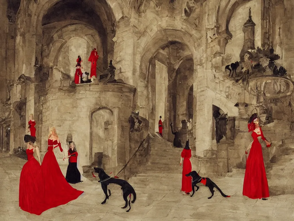 Prompt: An impressive castle entrance, a beautiful woman wearing a red dress, coming down the stairs, sided by two fierce Dobermans, painted by Desiderio Monsu