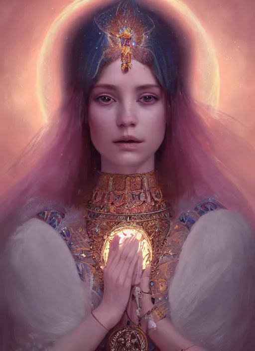 Image similar to A beautiful digital painting of a female Seraphim full of jewels, princess, the moon behind her, intricate, cinematic lighting, highly detailed, digital painting, Artstation, concept art, smooth, sharp focus, illustration, art by Tom Bagshaw, Artgerm and Greg Rutkowski