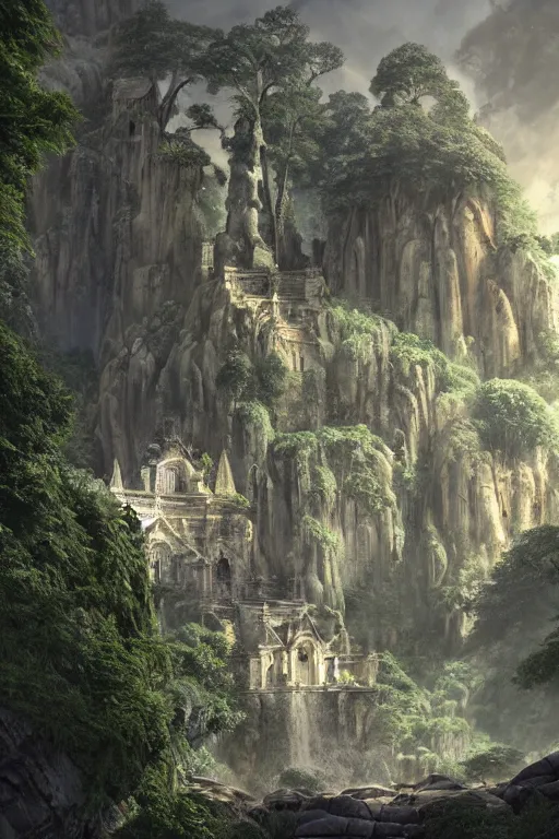 Image similar to carved into the Rock a citadel-temple-cathedral above a waterfall , gnarly trees, lush vegetation, forrest, a small stream runs beneath the waterfall, landscape, raphael lacoste, eddie mendoza, alex ross, concept art, matte painting, highly detailed, rule of thirds, dynamic lighting, cinematic, detailed, denoised, centerd