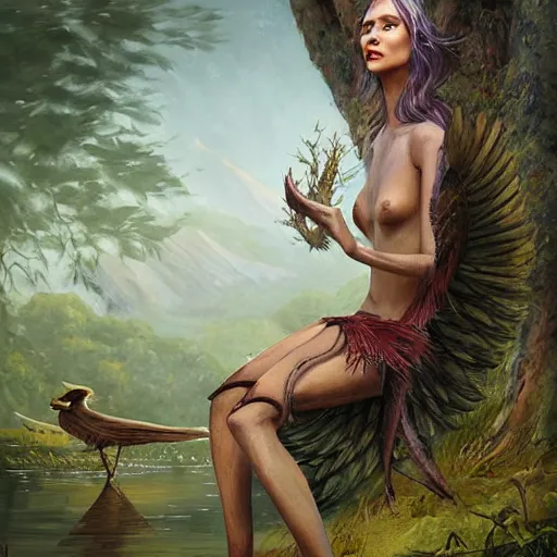 Image similar to Harpy, mythical hybrid, wearing Inka clothes, sitting at a pond, mountainous area, trees in the background, oil painting, by Fernanda Suarez and Greg Rutkowski