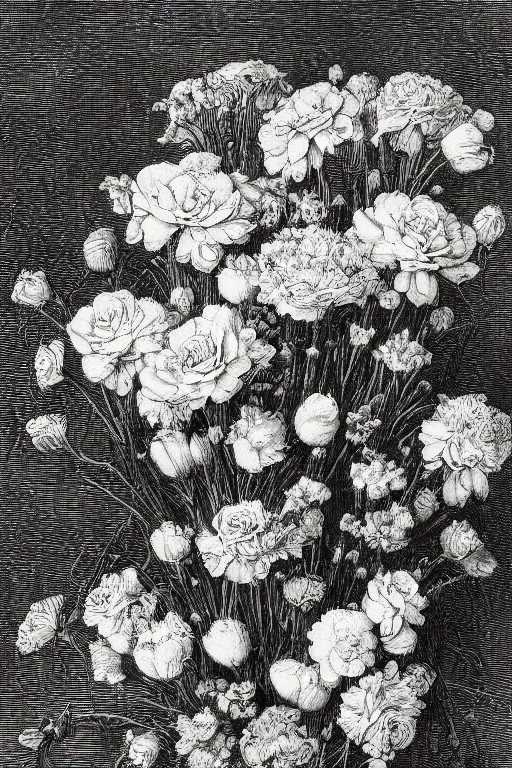 Prompt: black and white, close-up flower bouquet, Gustave Dore lithography