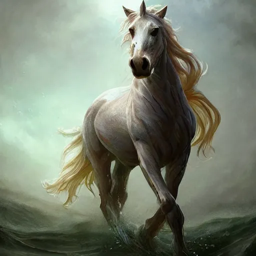 Prompt: a fantastical small horse made of water, liquid, fluid and foam, ethereal, noble, radiant, hyperalism, scottish folklore, digital painting, artstation, concept art, smooth, 8 k frostbite 3 engine, ultra detailed, art by artgerm and greg rutkowski and magali villeneuve