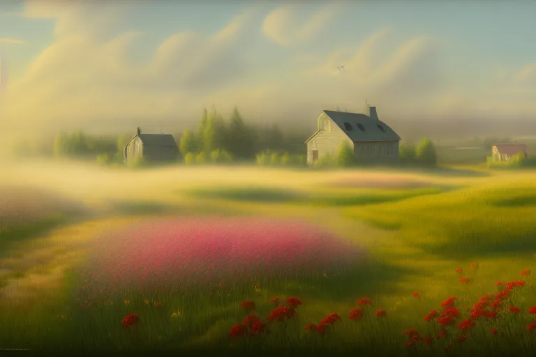 Prompt: a matte painting of a manitoba prairie, cottages, foggy, patchy flowers, oil painting, pale colors, high detail, 8 k, wide angle, trending on artstation,