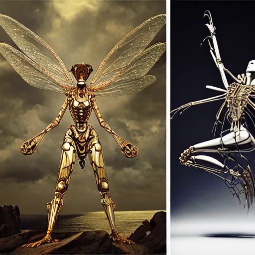 Image similar to still frame from Prometheus movie by Makoto Aida by malczewski, biomechanical dragonfly angel gynoid, metal couture by neri oxmn and Guo pei, editorial by Malczewski and by Caravaggio