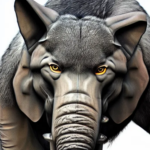 Image similar to a wolf merged with an elephant, photomorph artwork, high quality,!! photorealistic