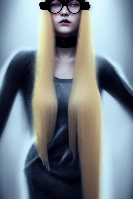 Prompt: award winning full body art of a beautiful young woman with very long blonde hair and a full fringe, wearing large thin-rimmed round glasses, wearing modern gothic clothes, trending artstation, digital art, award winning art, aesthetic, 4K, realistic, octane render, Photograph