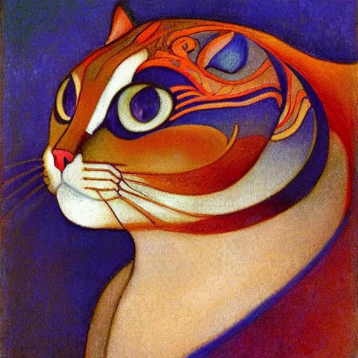 Image similar to painting of cloisonne cat head, by annie swynnerton and diego rivera and nicholas roerich and jean delville, symbolist, dramatic lighting, god rays, art brut, rich colors, smooth, sharp focus, extremely detailed, adolf wolfli and ( donato giancola )